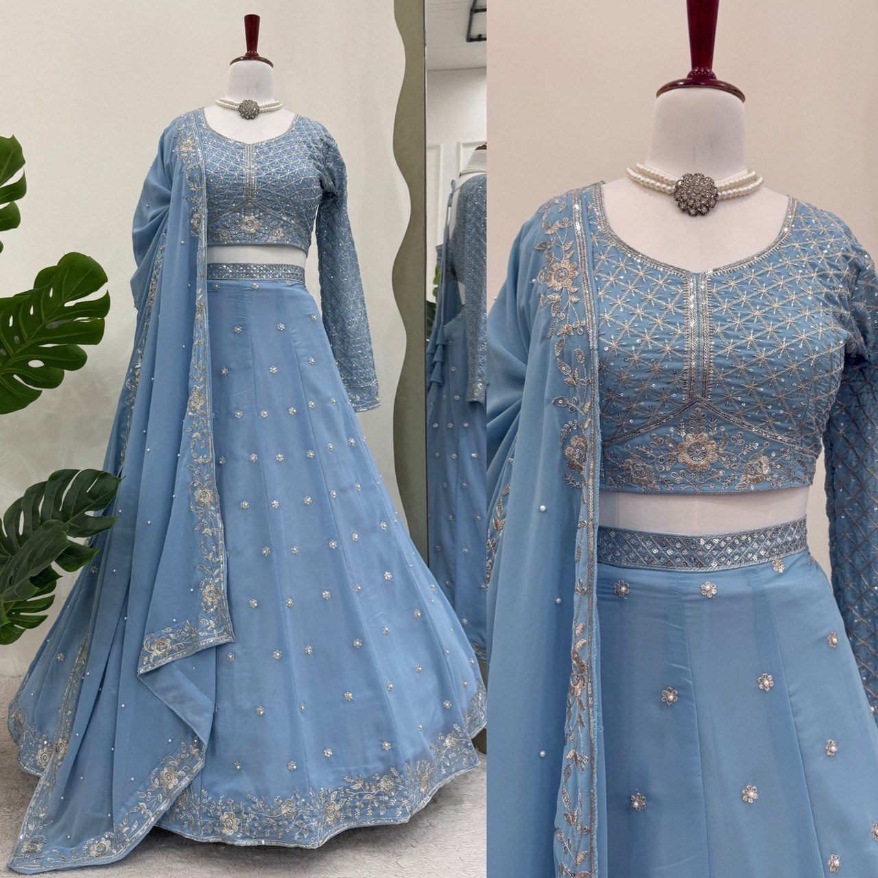 Astonishing Wedding Wear Blue Color Thread And Sequence Work Faux Georgette Lehenga Choli