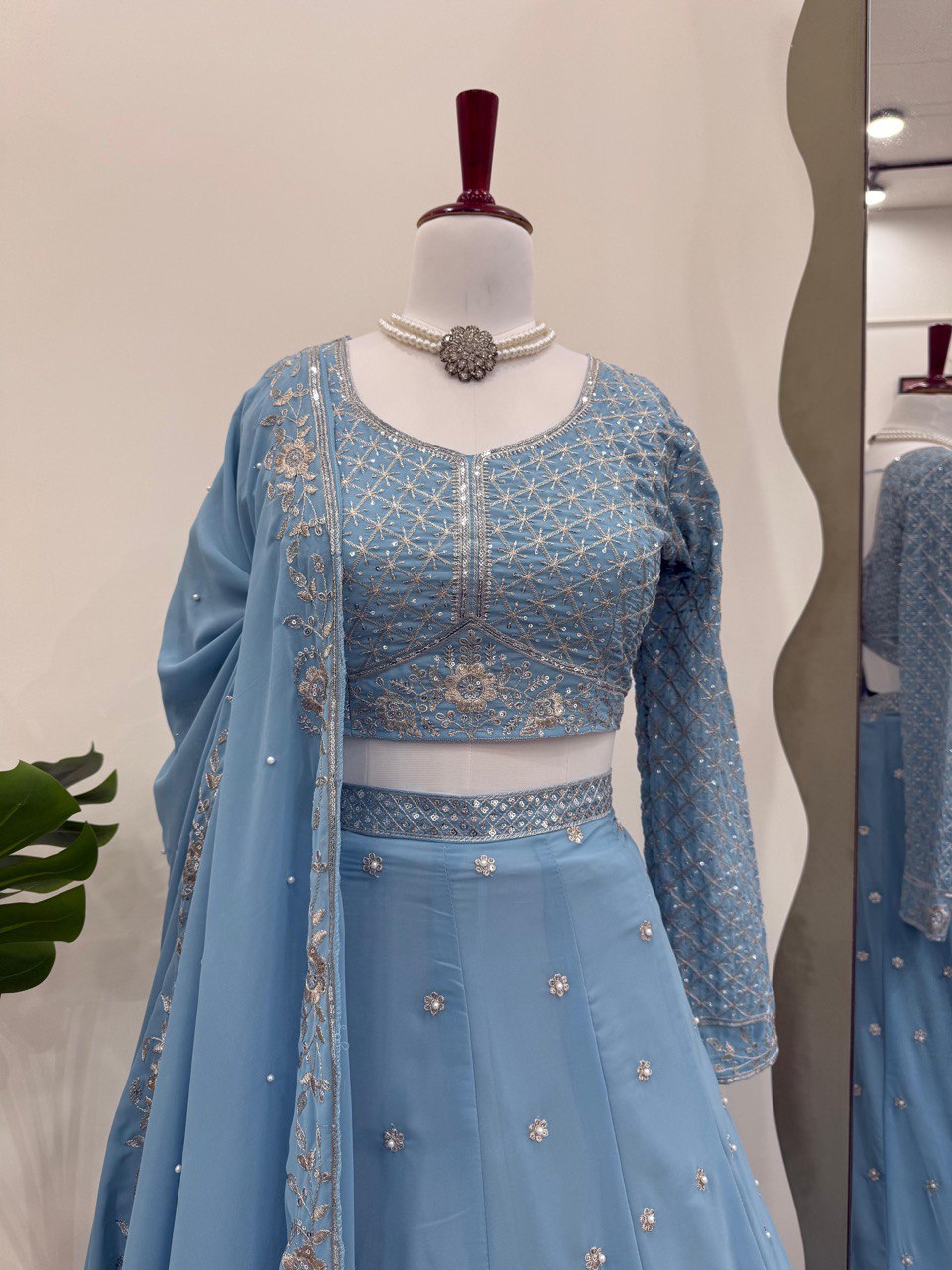 Astonishing Wedding Wear Blue Color Thread And Sequence Work Faux Georgette Lehenga Choli