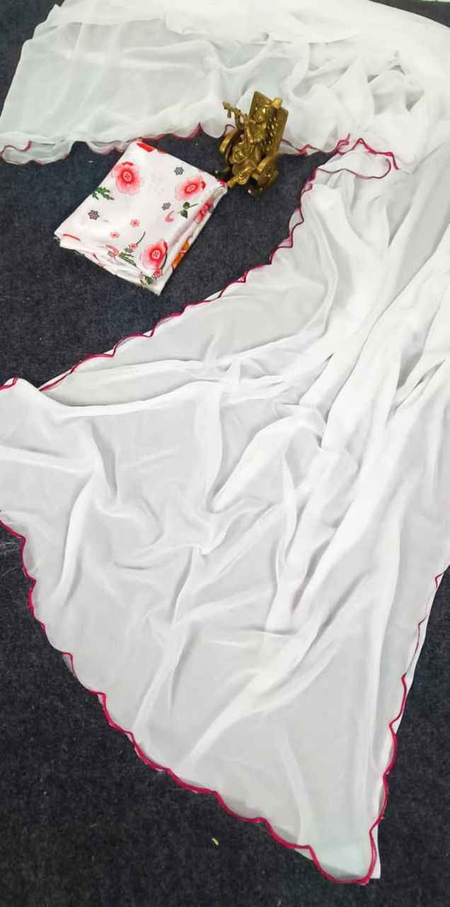 Alluring Casual Wear White Color Border Work Designer Soft Georgette Saree