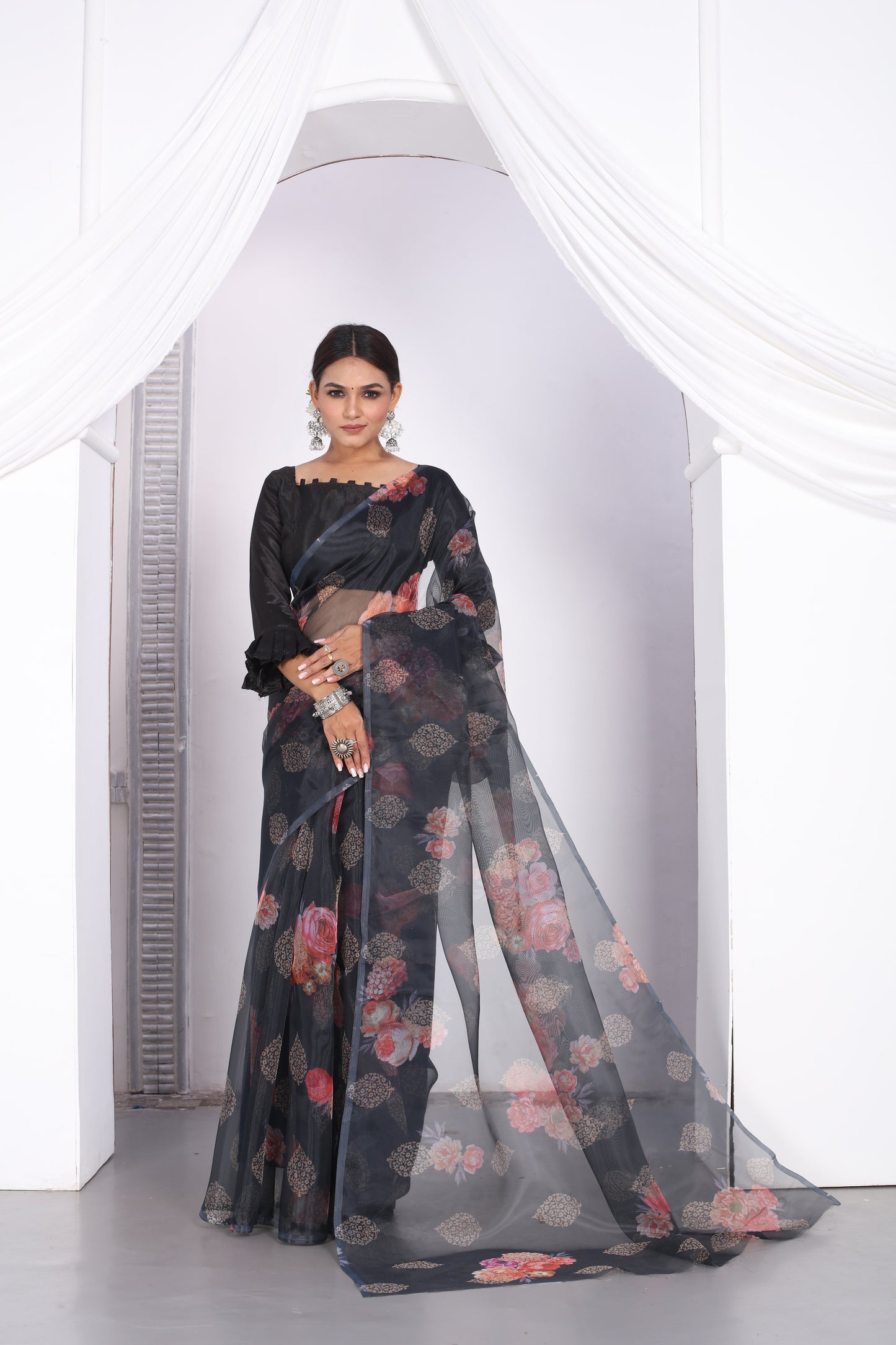 Astonishing Party Wear Digital Print Work Black Designer Organza Saree
