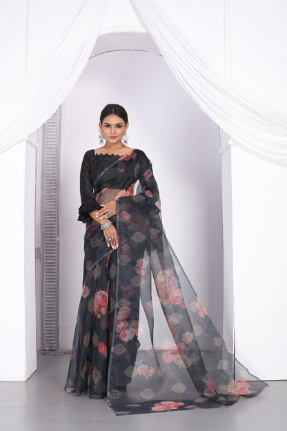 Astonishing Party Wear Digital Print Work Black Designer Organza Saree