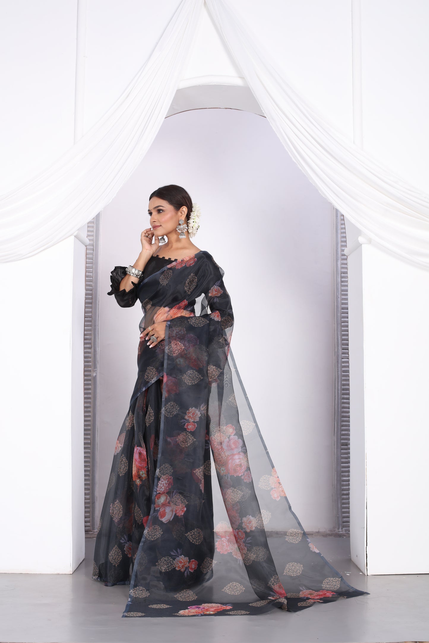 Astonishing Party Wear Digital Print Work Black Designer Organza Saree
