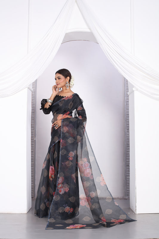 Astonishing Party Wear Digital Print Work Black Designer Organza Saree