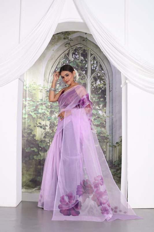 Beauteous Function Wear Digital Print Work Purple Color Soft Organza Saree