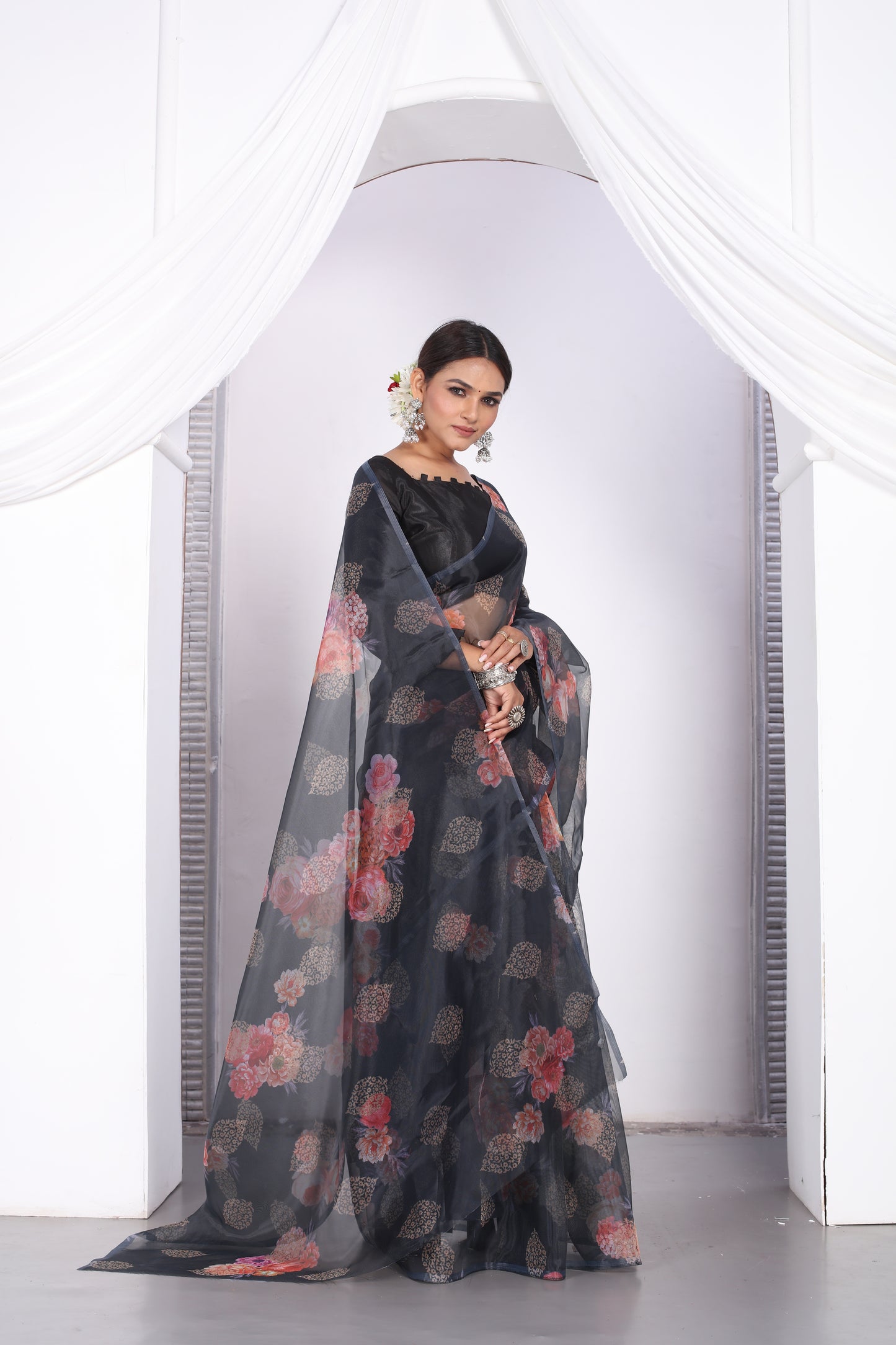 Astonishing Party Wear Digital Print Work Black Designer Organza Saree