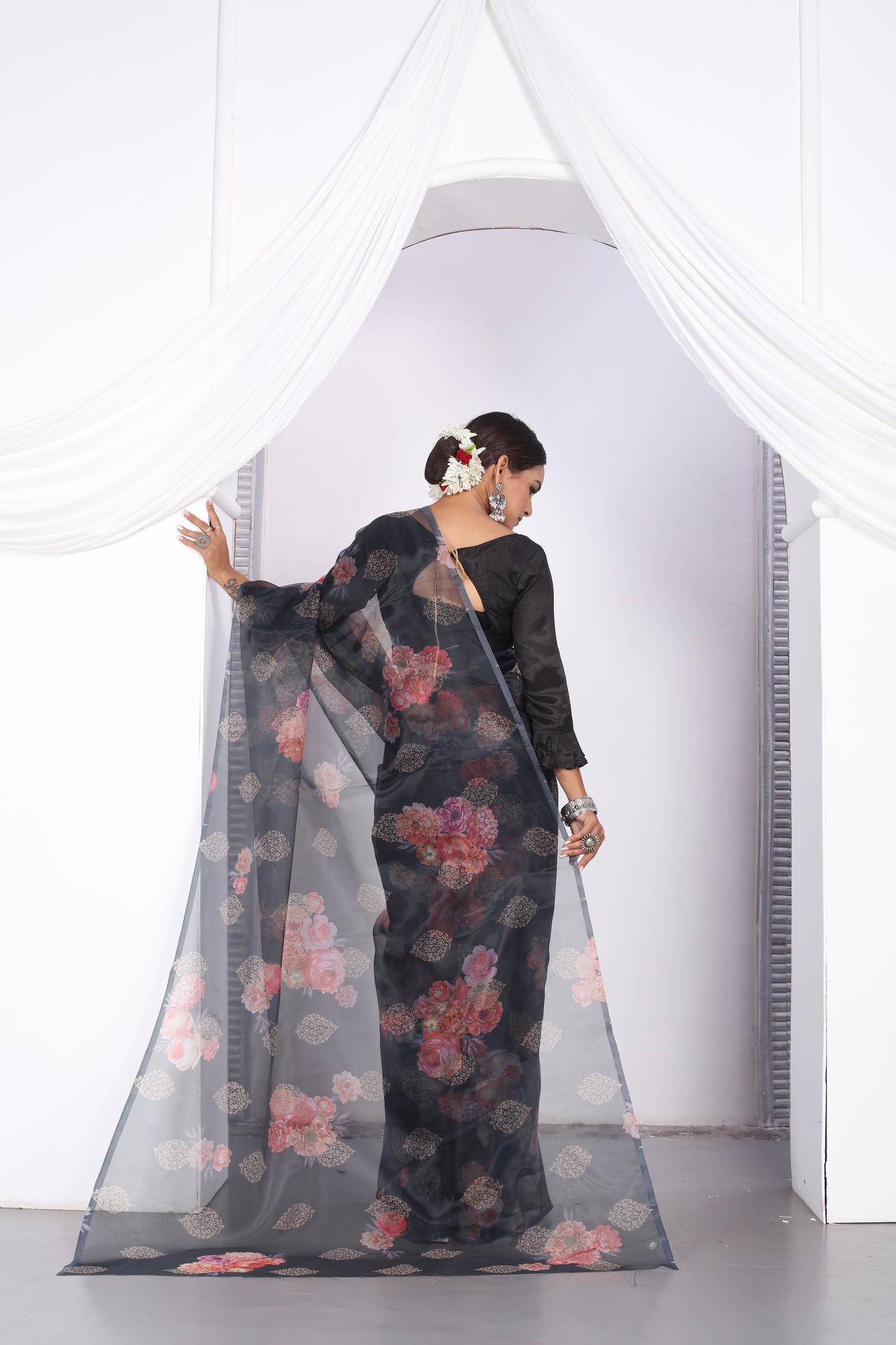 Astonishing Party Wear Digital Print Work Black Designer Organza Saree