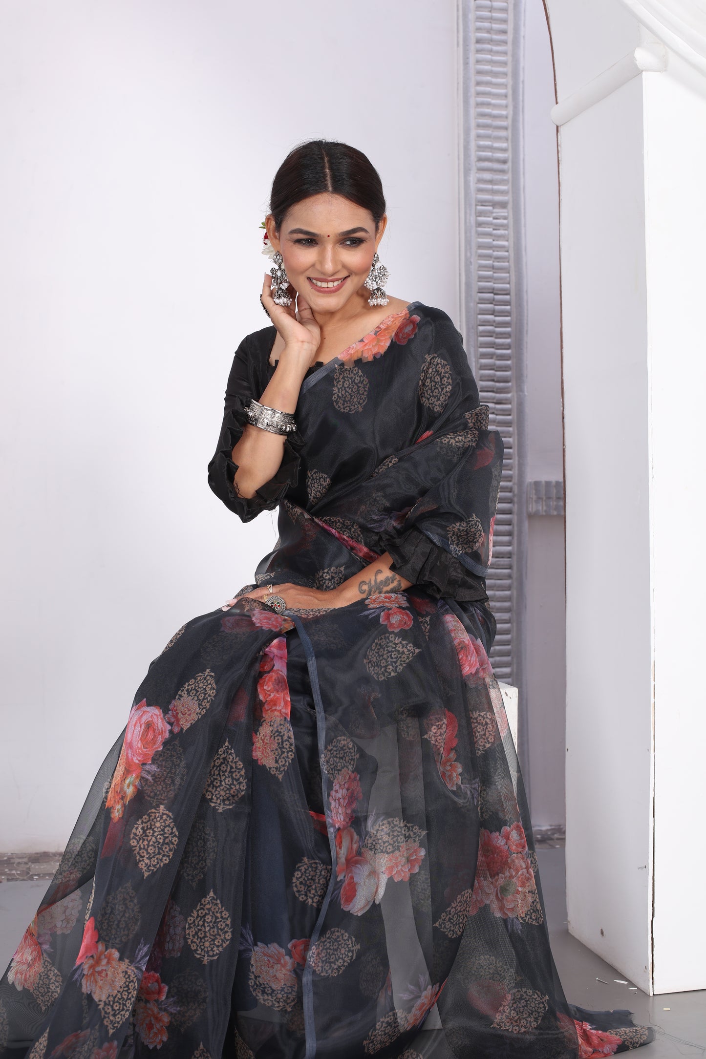 Astonishing Party Wear Digital Print Work Black Designer Organza Saree