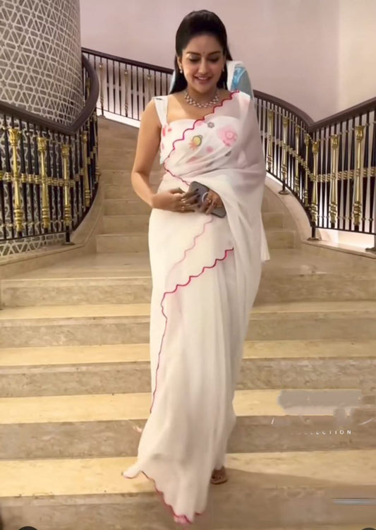 Alluring Casual Wear White Color Border Work Designer Soft Georgette Saree