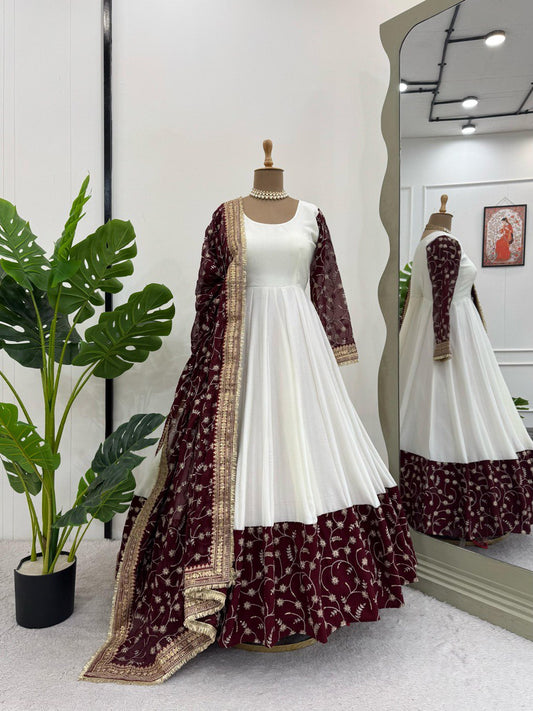 Alluring Party Wear White Color Thread And Sequence Work Full Stitched Silk Gown