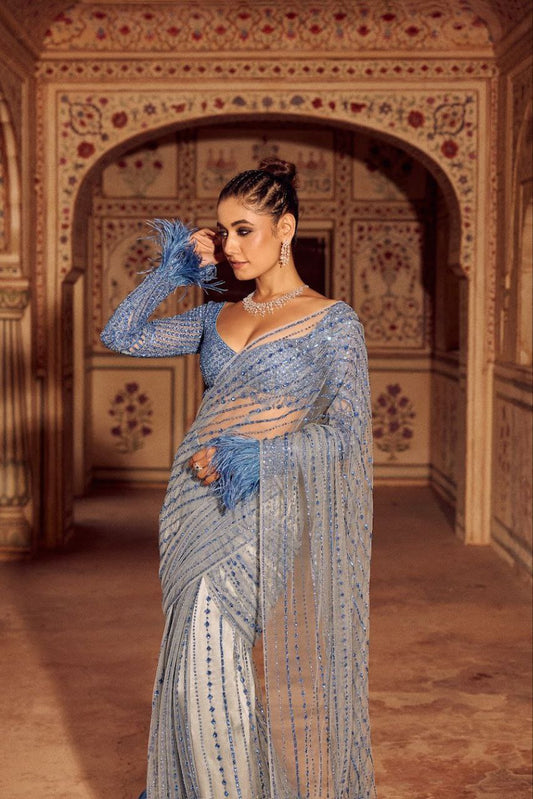 Beauteous Party And Wedding Wear Blue Color Sequence Embroidery Work Heavy Mono Net Saree