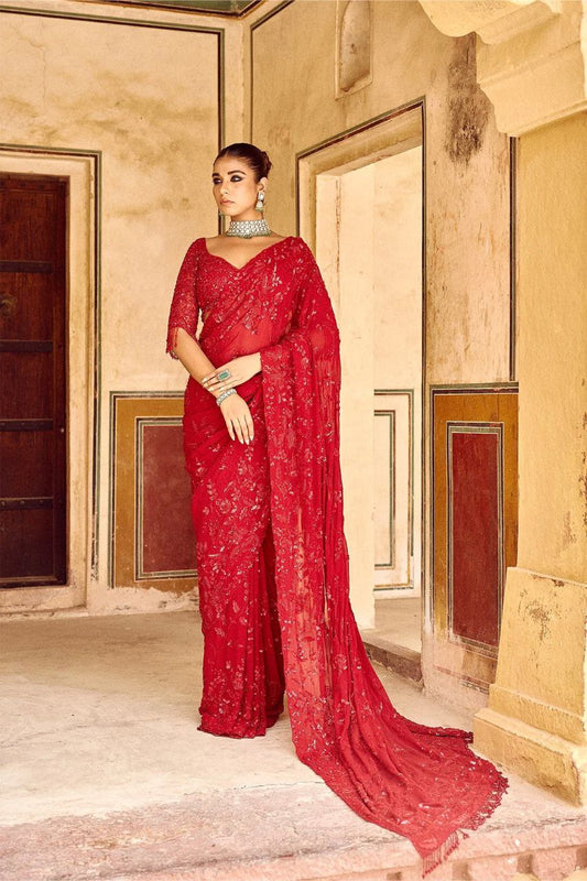 Attractive Party Wear Red Color Multy And Sequence Embroidery Work Soft Georgette Saree