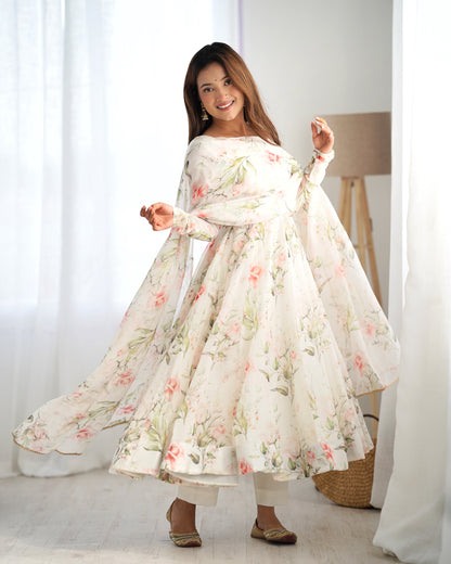 Alluring Party Wear White Color Digital Print Work Full Stitched Organza Anarkali Suit