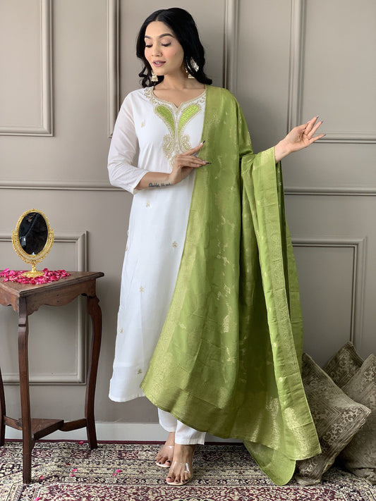 Astonishing Casual Wear White Color Embroidery Work Full Stitched Viscose Blend Salwar Suit