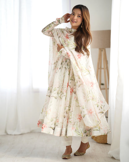 Alluring Party Wear White Color Digital Print Work Full Stitched Organza Anarkali Suit
