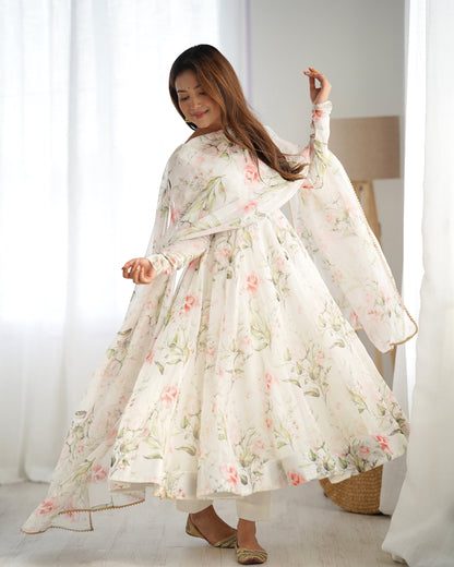 Alluring Party Wear White Color Digital Print Work Full Stitched Organza Anarkali Suit