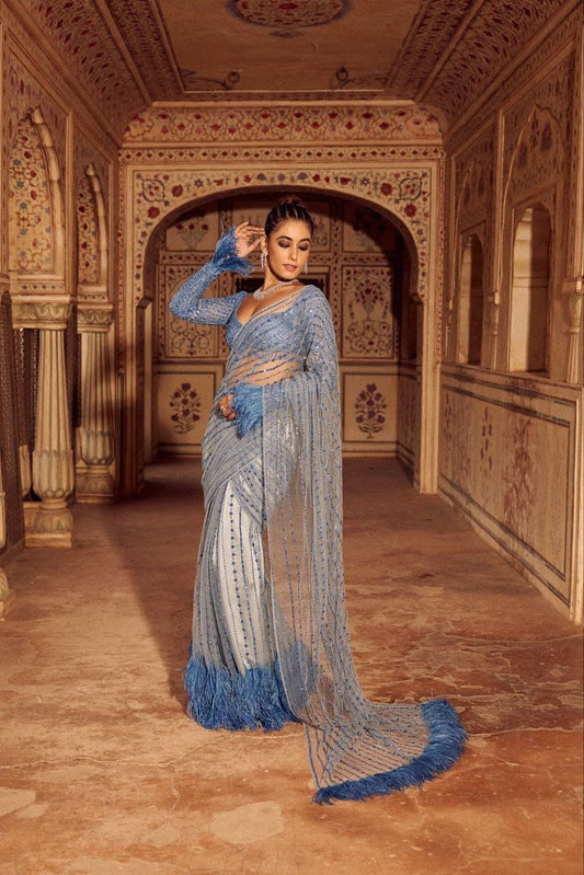 Beauteous Party And Wedding Wear Blue Color Sequence Embroidery Work Heavy Mono Net Saree