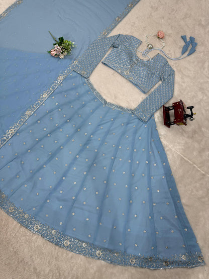 Astonishing Wedding Wear Blue Color Thread And Sequence Work Faux Georgette Lehenga Choli