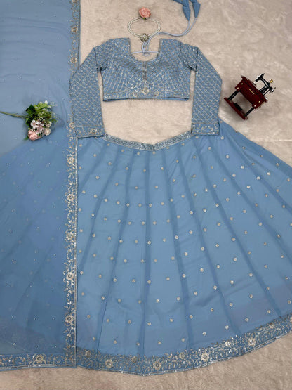 Astonishing Wedding Wear Blue Color Thread And Sequence Work Faux Georgette Lehenga Choli