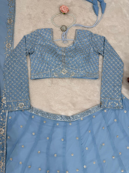 Astonishing Wedding Wear Blue Color Thread And Sequence Work Faux Georgette Lehenga Choli