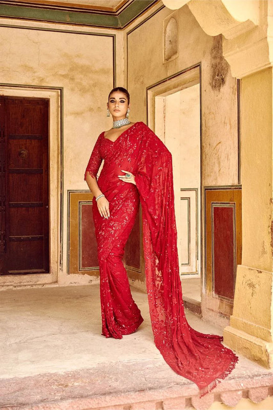 Attractive Party Wear Red Color Multy And Sequence Embroidery Work Soft Georgette Saree