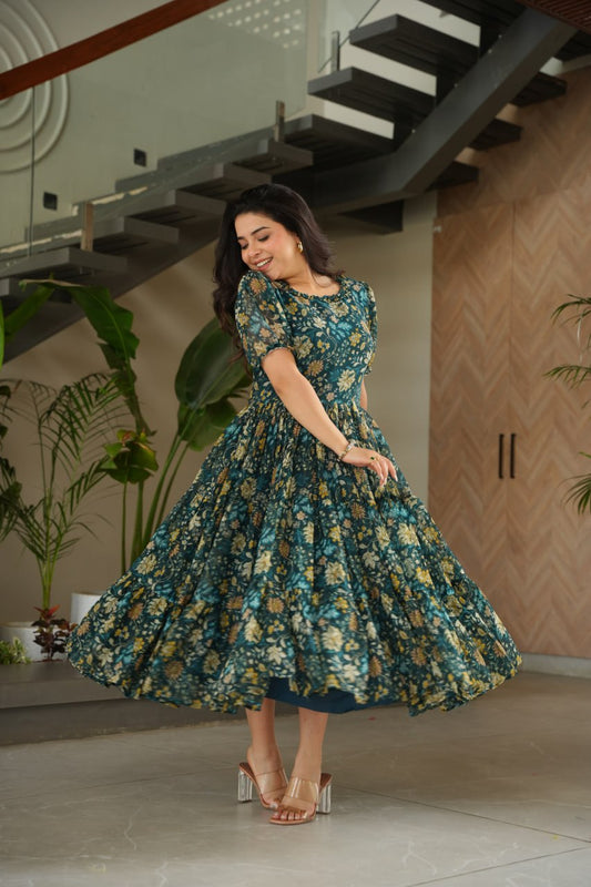Astonishing Casual Wear Green Color Flower Print Work Full Stitched Faux Georgette Gown