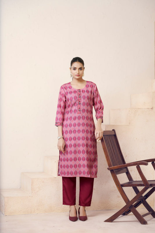 Captivating Casual Wear Pink Color Print And Embroidery Work Full Stitched Linen Kurti
