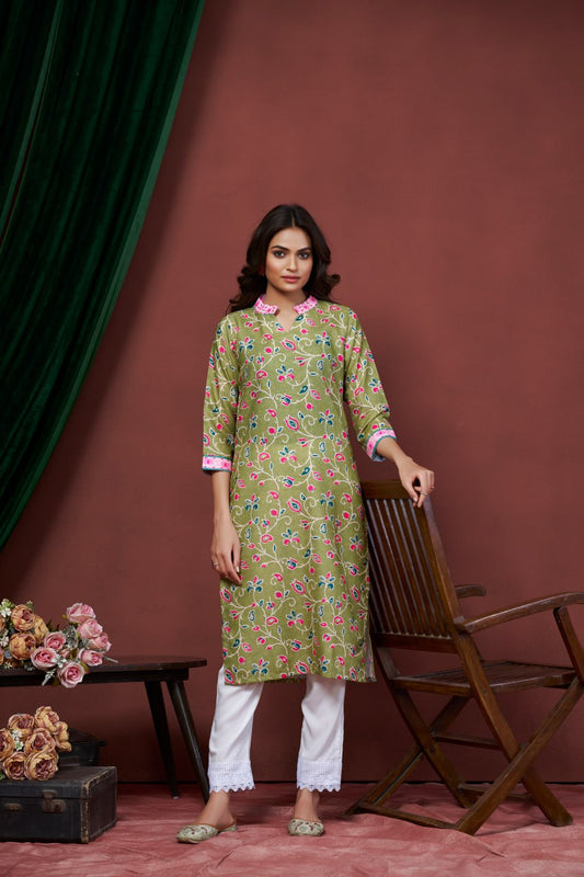 Astonishing Casual Wear Green Color Print And Embroidery Work Full Stitched Linen Kurti